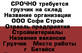 СРОЧНО требуется грузчик на склад. › Название организации ­ ООО Софи-Строй › Отрасль предприятия ­ Стройматериалы › Название вакансии ­ Грузчик › Место работы ­ г. Батайск › Подчинение ­ директор › Минимальный оклад ­ 15 000 › Возраст от ­ 18 › Возраст до ­ 55 - Ростовская обл., Батайск г. Работа » Вакансии   . Ростовская обл.